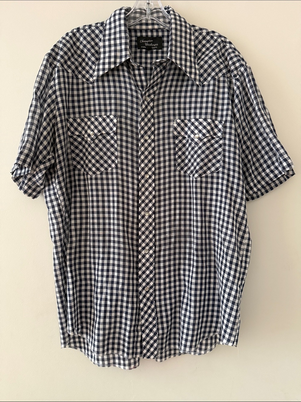 vintage Champion Navy and White Gingham Short-Sleeve Button-Down Shirt